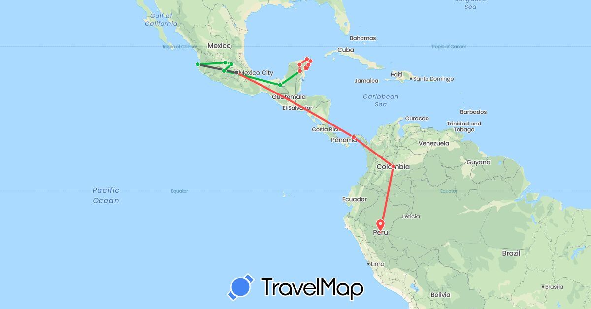 TravelMap itinerary: driving, bus, hiking, motorbike in Colombia, Mexico, Panama, Peru (North America, South America)